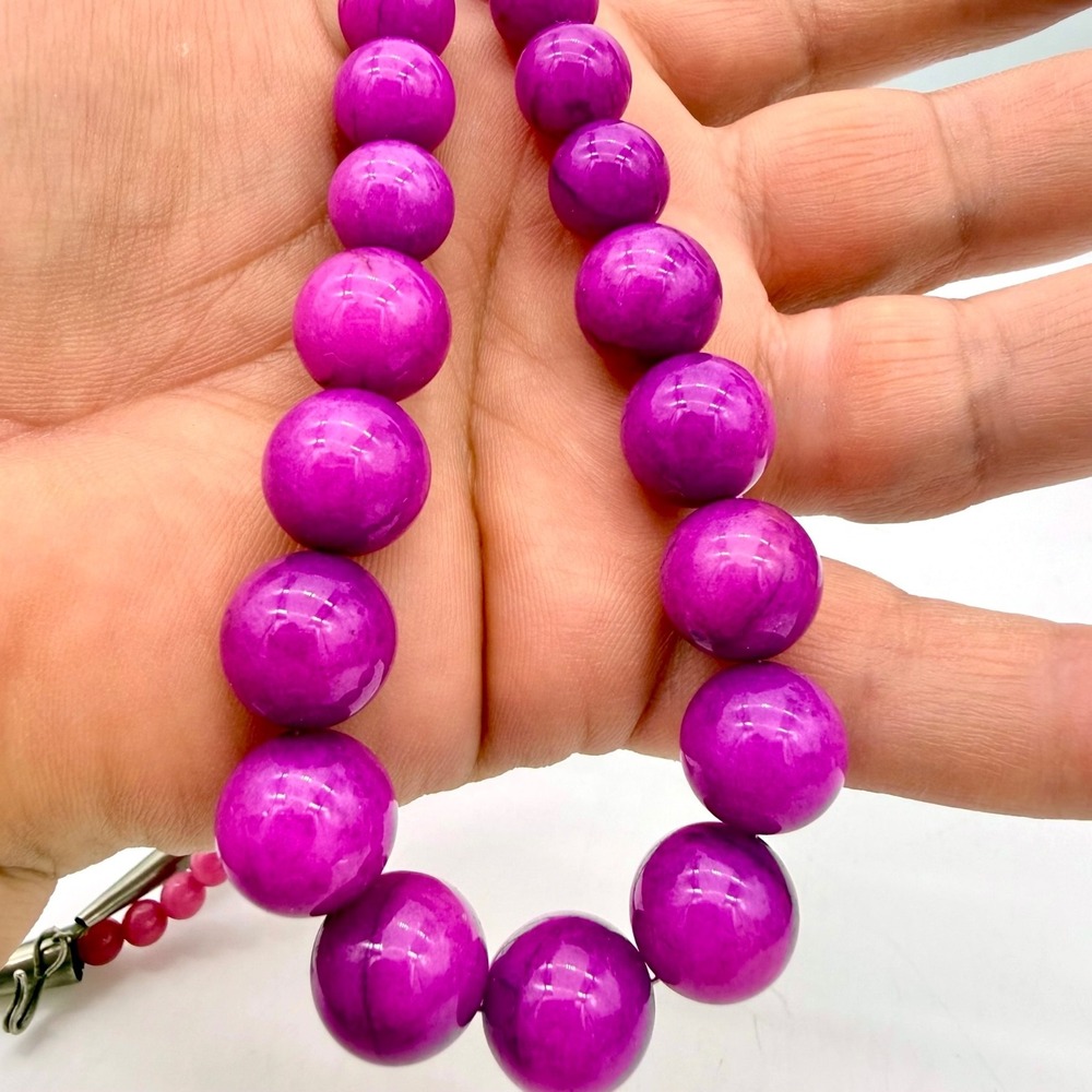 Vintage Pink Fushia Gemstone Necklace Jadite Graduated Silver Tone Hook Clasp